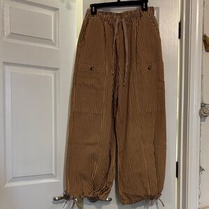 Womens Brown Striped Drawstring Cargo Pants